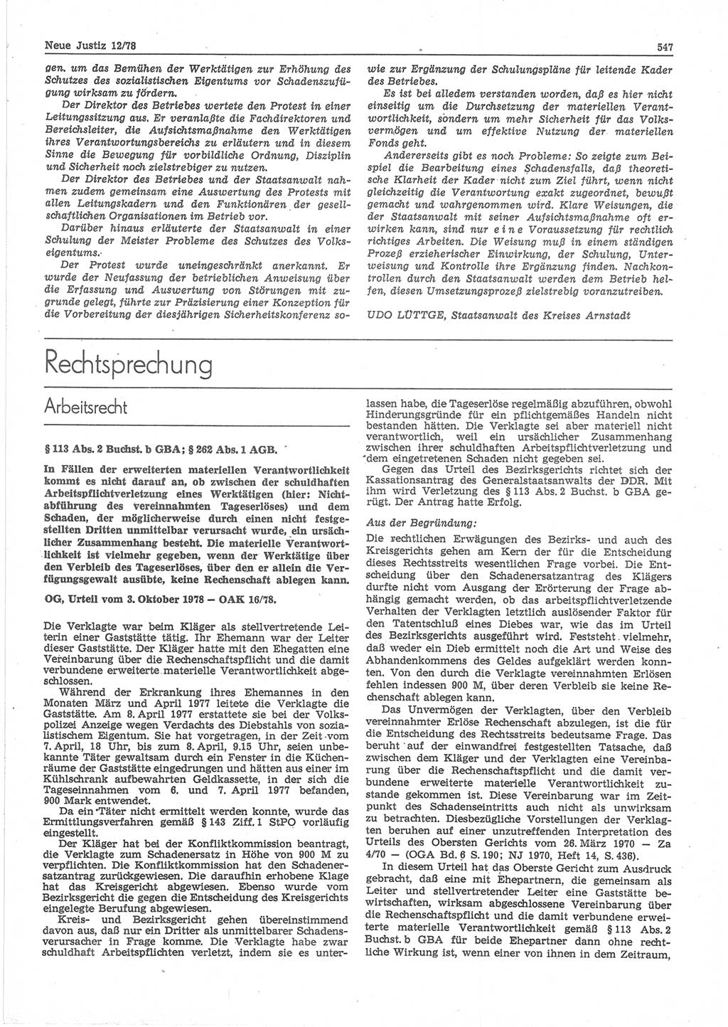 Neue Justiz (NJ), Zeitschrift für sozialistisches Recht und Gesetzlichkeit [Deutsche Demokratische Republik (DDR)], 32. Jahrgang 1978, Seite 547 (NJ DDR 1978, S. 547)