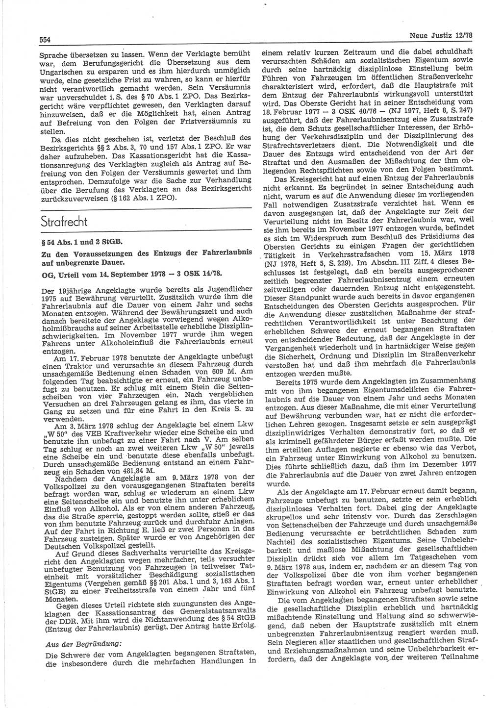 Neue Justiz (NJ), Zeitschrift für sozialistisches Recht und Gesetzlichkeit [Deutsche Demokratische Republik (DDR)], 32. Jahrgang 1978, Seite 554 (NJ DDR 1978, S. 554)