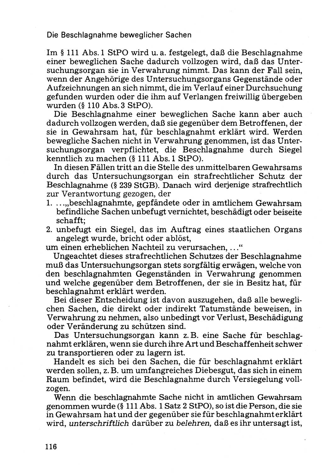 Die Durchsuchung und die Beschlagnahme [Deutsche Demokratische Republik (DDR)] 1979, Seite 116 (Durchs. Beschl. DDR 1979, S. 116)