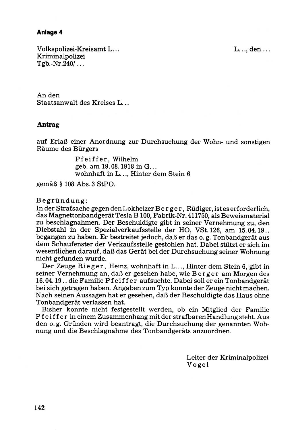 Die Durchsuchung und die Beschlagnahme [Deutsche Demokratische Republik (DDR)] 1979, Seite 142 (Durchs. Beschl. DDR 1979, S. 142)