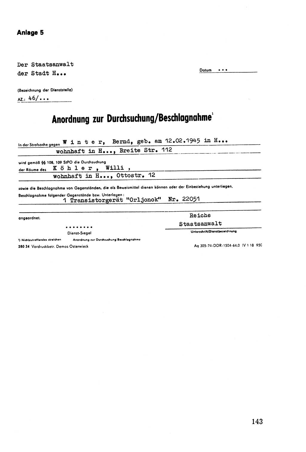 Die Durchsuchung und die Beschlagnahme [Deutsche Demokratische Republik (DDR)] 1979, Seite 143 (Durchs. Beschl. DDR 1979, S. 143)