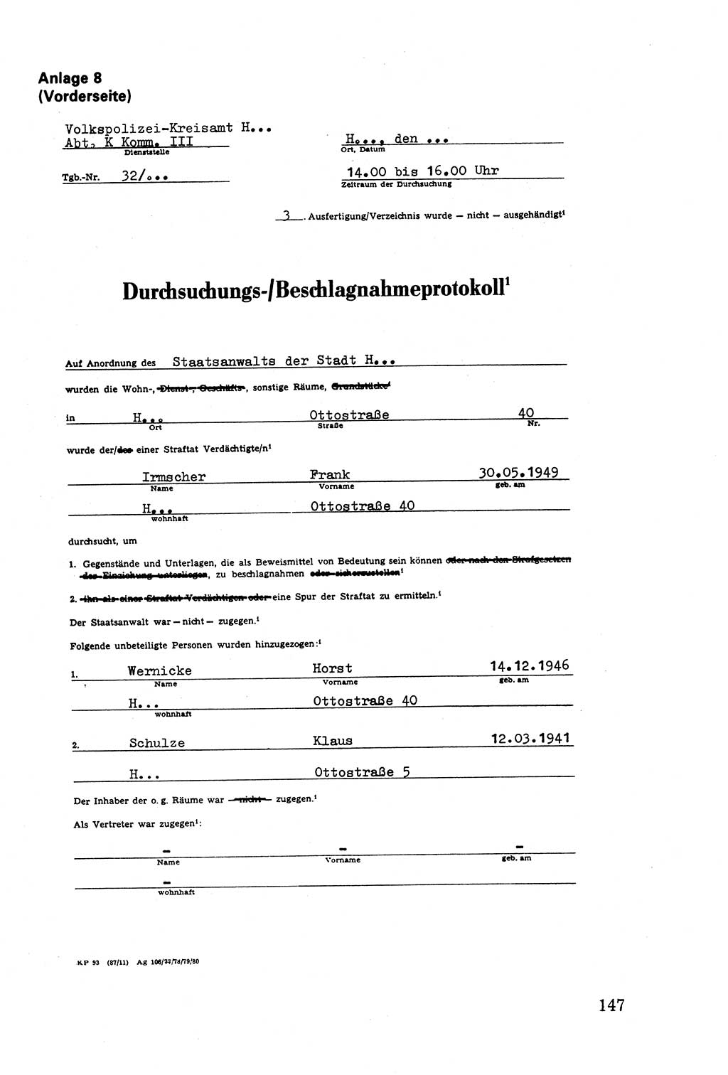 Die Durchsuchung und die Beschlagnahme [Deutsche Demokratische Republik (DDR)] 1979, Seite 147 (Durchs. Beschl. DDR 1979, S. 147)