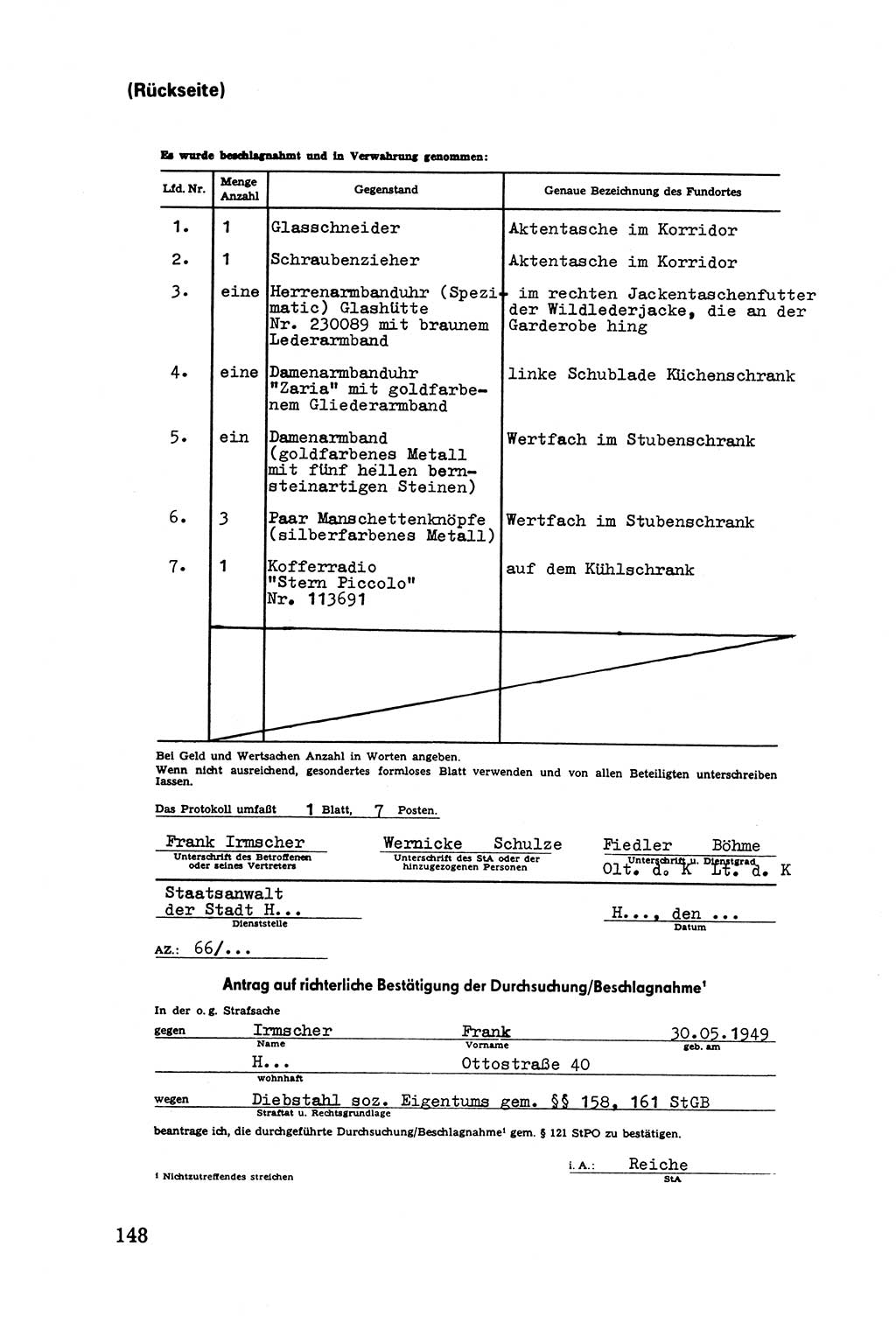 Die Durchsuchung und die Beschlagnahme [Deutsche Demokratische Republik (DDR)] 1979, Seite 148 (Durchs. Beschl. DDR 1979, S. 148)