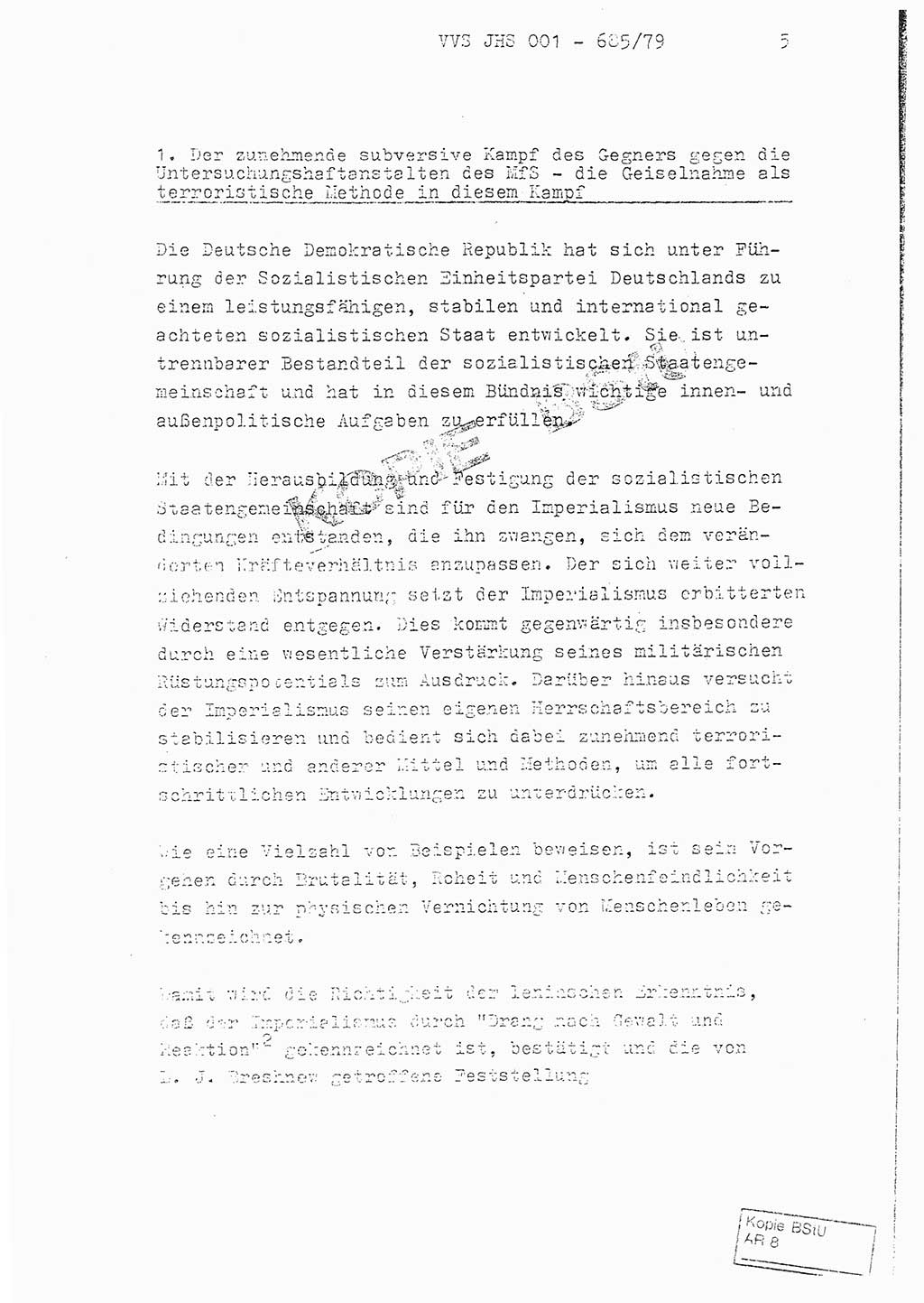 Fachschulabschlußarbeit Oberleutnant Helmut Peckruhn (BV Bln. Abt. ⅩⅣ), Ministerium für Staatssicherheit (MfS) [Deutsche Demokratische Republik (DDR)], Juristische Hochschule (JHS), Vertrauliche Verschlußsache (VVS) 001-685/79, Potsdam 1979, Seite 5 (FS-Abschl.-Arb. MfS DDR JHS VVS 001-685/79 1979, S. 5)
