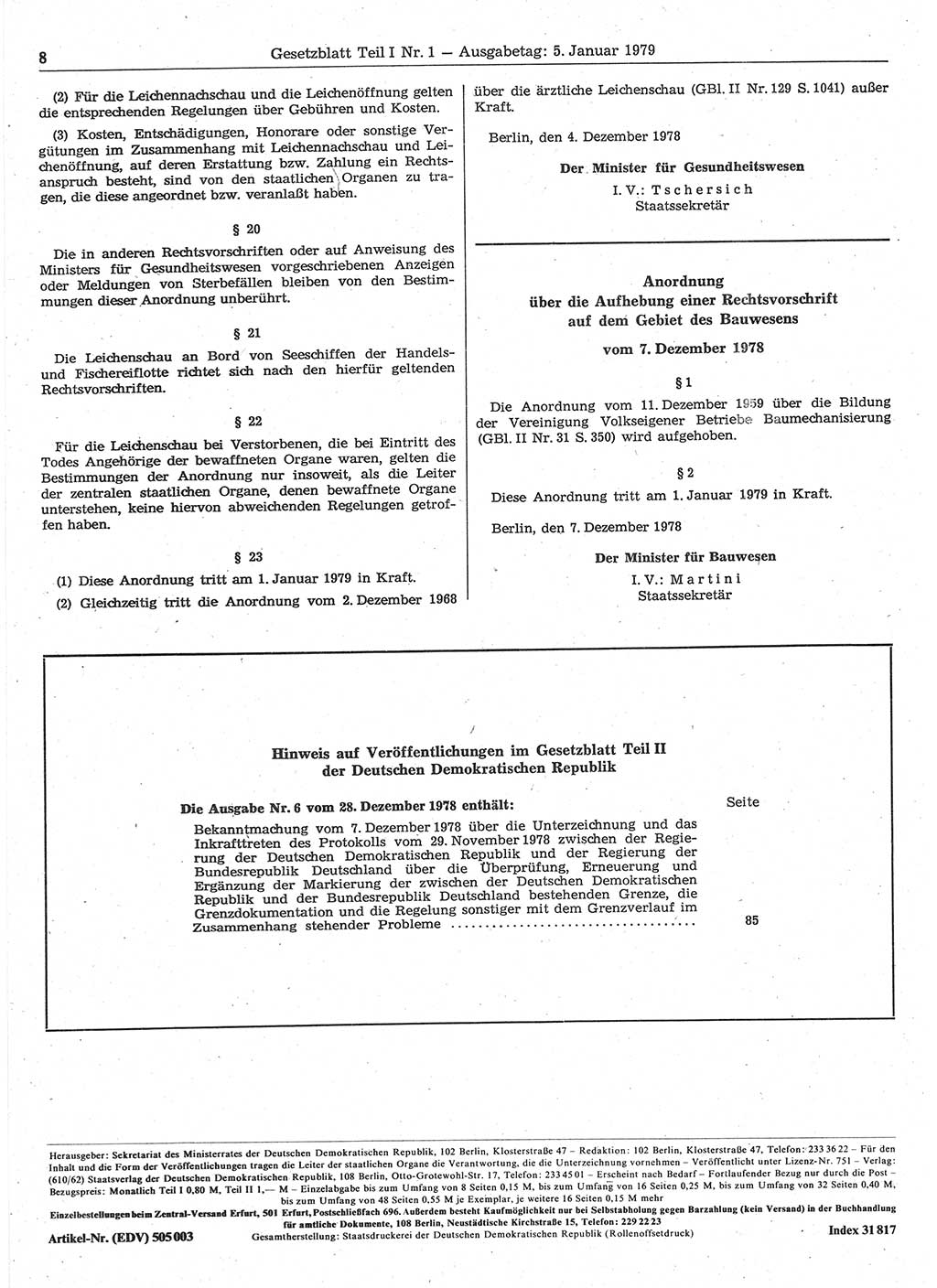 Gesetzblatt (GBl.) der Deutschen Demokratischen Republik (DDR) Teil Ⅰ 1979, Seite 8 (GBl. DDR Ⅰ 1979, S. 8)
