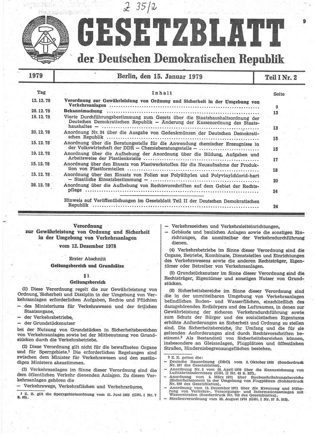 Gesetzblatt (GBl.) der Deutschen Demokratischen Republik (DDR) Teil Ⅰ 1979, Seite 9 (GBl. DDR Ⅰ 1979, S. 9)