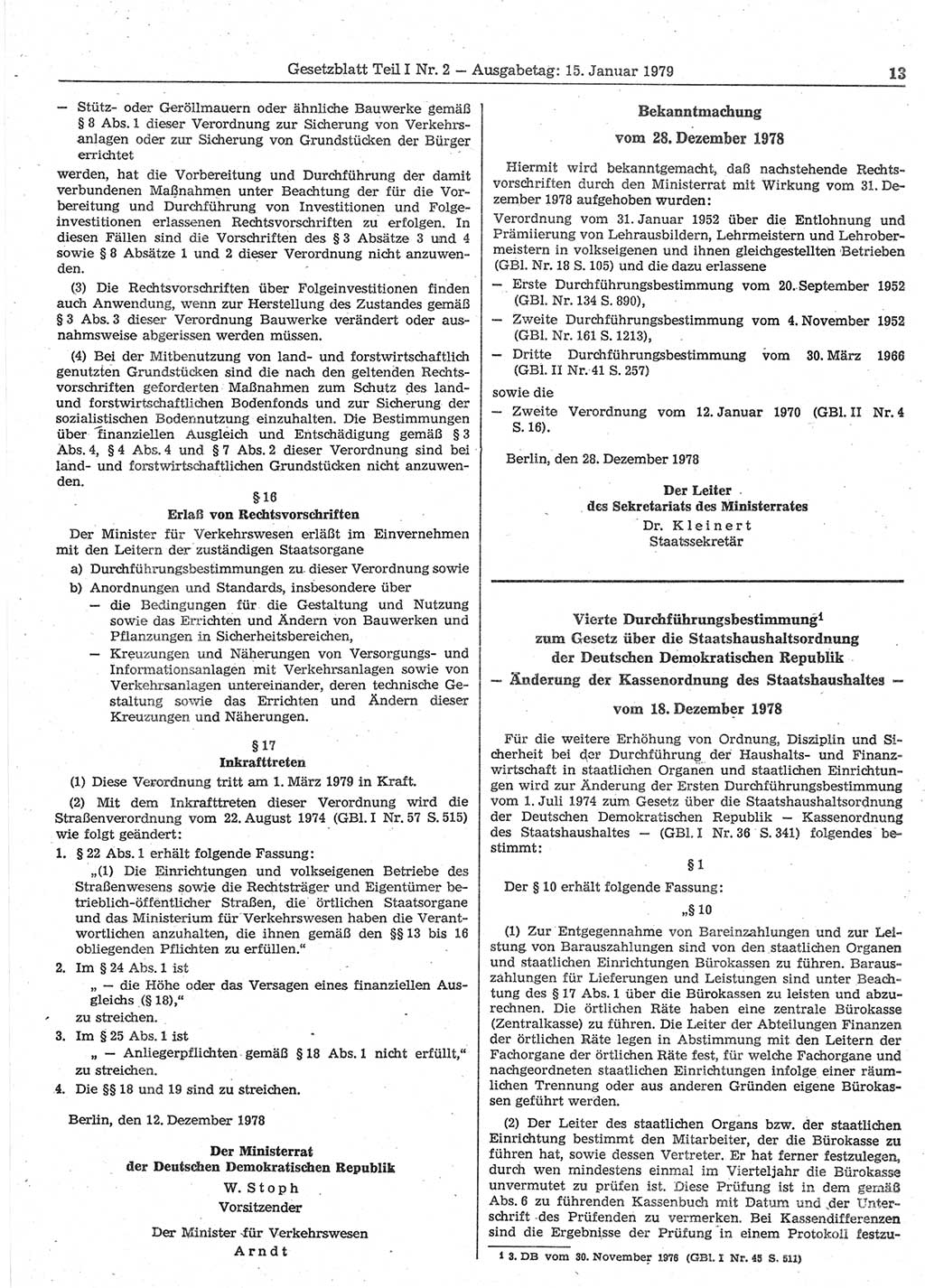 Gesetzblatt (GBl.) der Deutschen Demokratischen Republik (DDR) Teil Ⅰ 1979, Seite 13 (GBl. DDR Ⅰ 1979, S. 13)