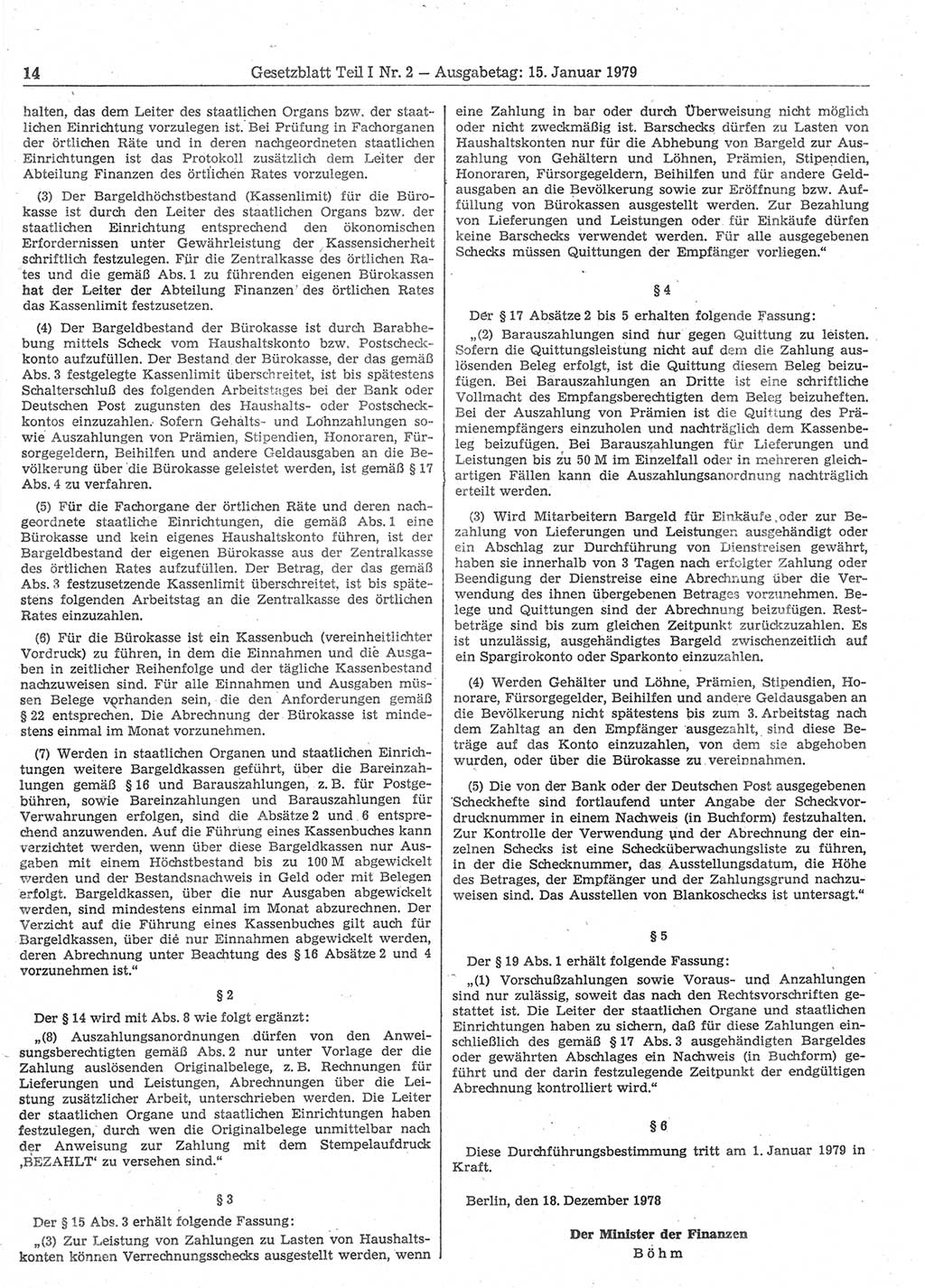 Gesetzblatt (GBl.) der Deutschen Demokratischen Republik (DDR) Teil Ⅰ 1979, Seite 14 (GBl. DDR Ⅰ 1979, S. 14)