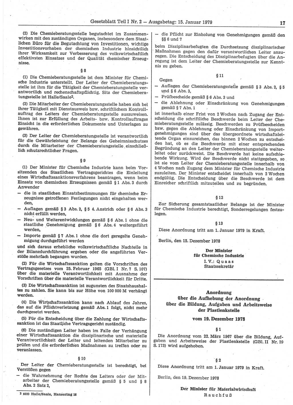 Gesetzblatt (GBl.) der Deutschen Demokratischen Republik (DDR) Teil Ⅰ 1979, Seite 17 (GBl. DDR Ⅰ 1979, S. 17)
