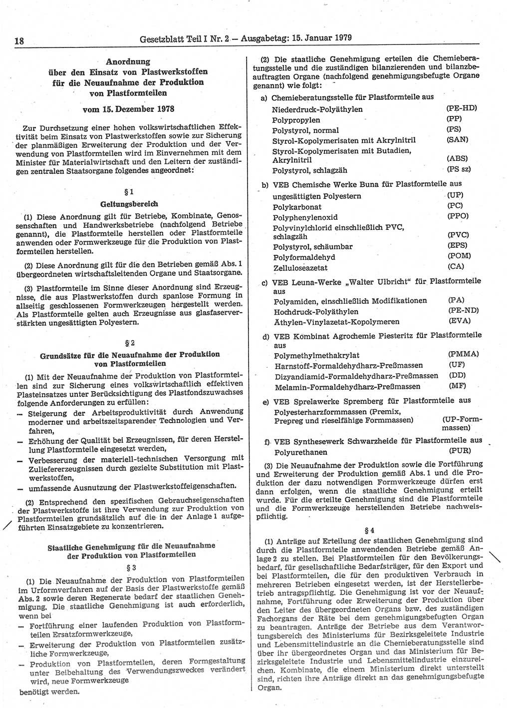 Gesetzblatt (GBl.) der Deutschen Demokratischen Republik (DDR) Teil Ⅰ 1979, Seite 18 (GBl. DDR Ⅰ 1979, S. 18)