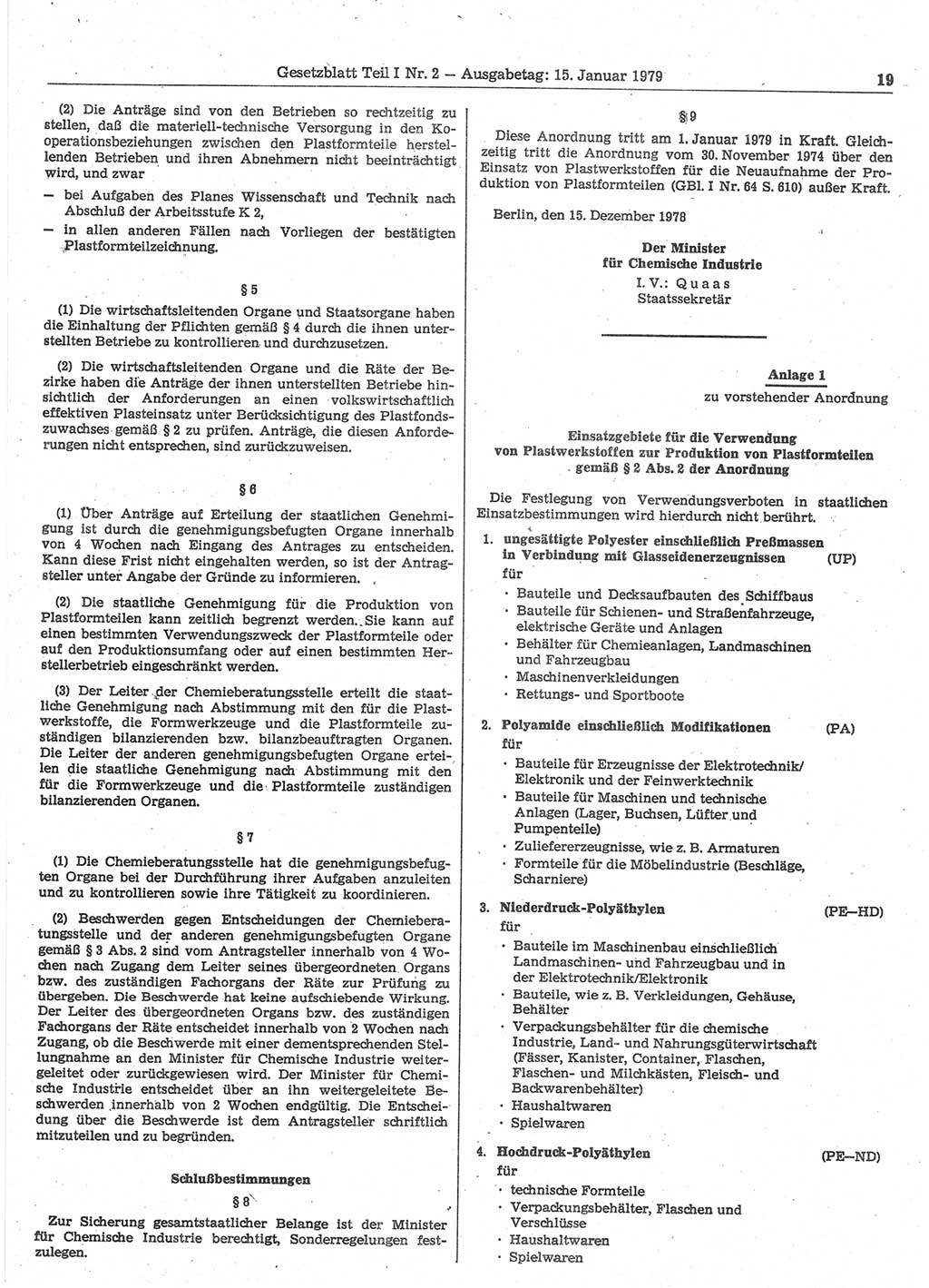 Gesetzblatt (GBl.) der Deutschen Demokratischen Republik (DDR) Teil Ⅰ 1979, Seite 19 (GBl. DDR Ⅰ 1979, S. 19)