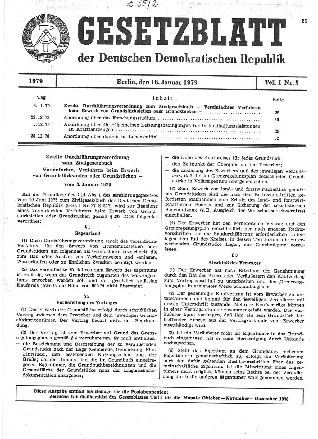 Gesetzblatt (GBl.) der Deutschen Demokratischen Republik (DDR) Teil Ⅰ 1979, Seite 25 (GBl. DDR Ⅰ 1979, S. 25)