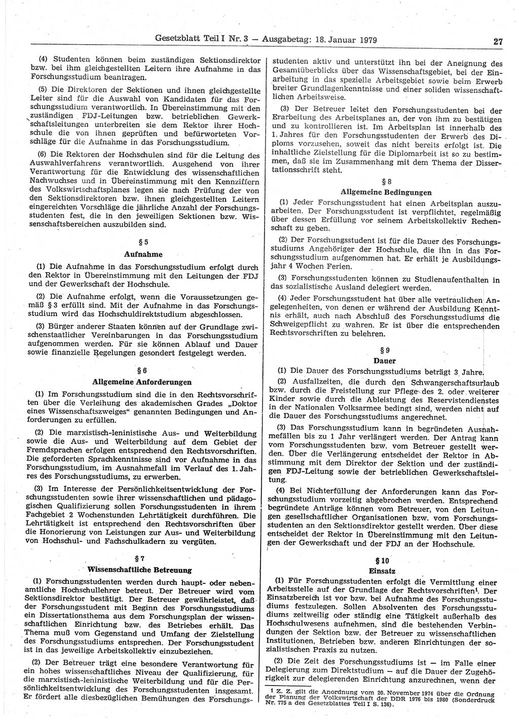 Gesetzblatt (GBl.) der Deutschen Demokratischen Republik (DDR) Teil Ⅰ 1979, Seite 27 (GBl. DDR Ⅰ 1979, S. 27)