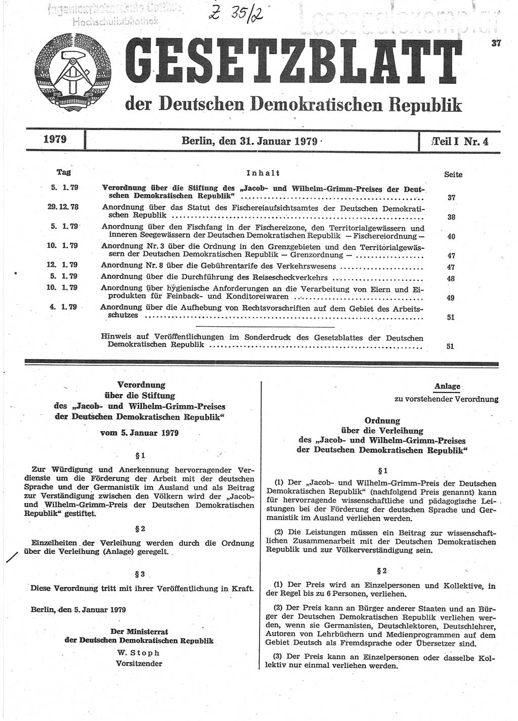 Gesetzblatt (GBl.) der Deutschen Demokratischen Republik (DDR) Teil Ⅰ 1979, Seite 37 (GBl. DDR Ⅰ 1979, S. 37)