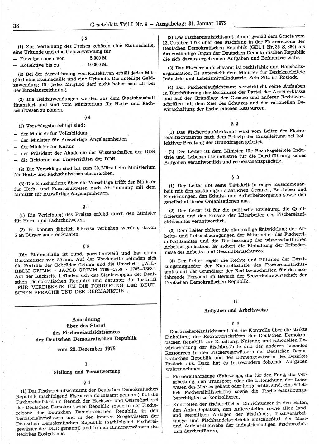 Gesetzblatt (GBl.) der Deutschen Demokratischen Republik (DDR) Teil Ⅰ 1979, Seite 38 (GBl. DDR Ⅰ 1979, S. 38)