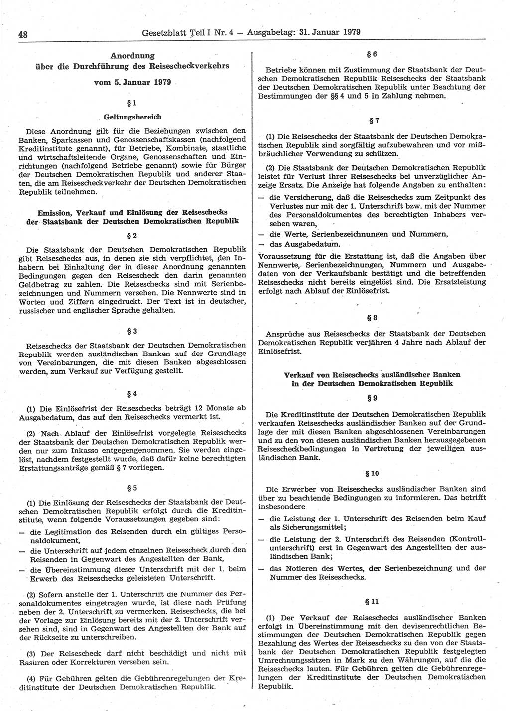 Gesetzblatt (GBl.) der Deutschen Demokratischen Republik (DDR) Teil Ⅰ 1979, Seite 48 (GBl. DDR Ⅰ 1979, S. 48)