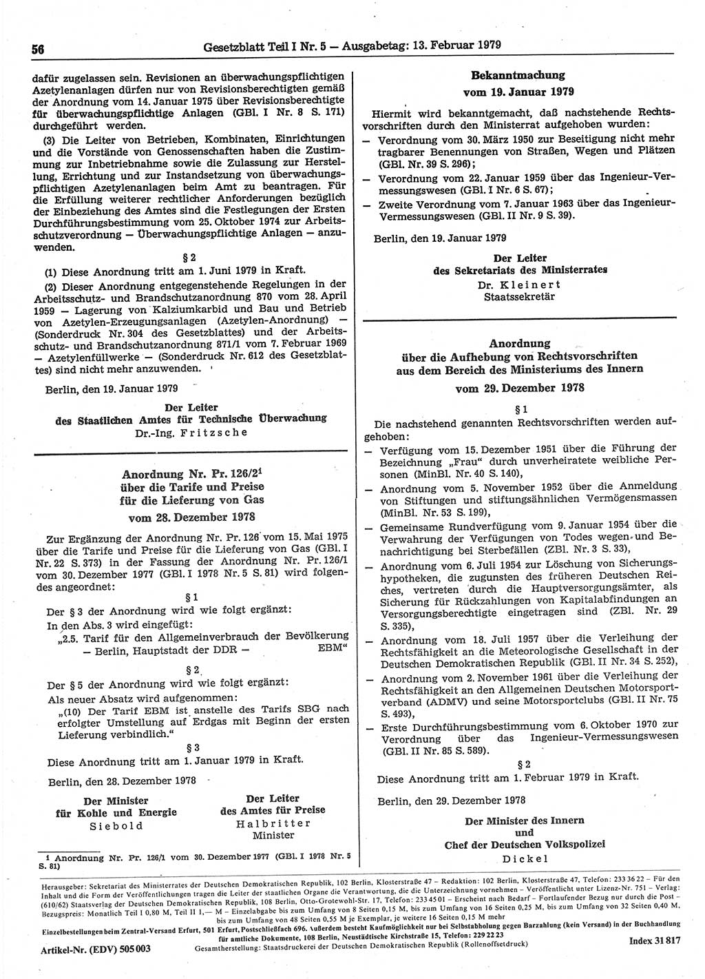 Gesetzblatt (GBl.) der Deutschen Demokratischen Republik (DDR) Teil Ⅰ 1979, Seite 56 (GBl. DDR Ⅰ 1979, S. 56)