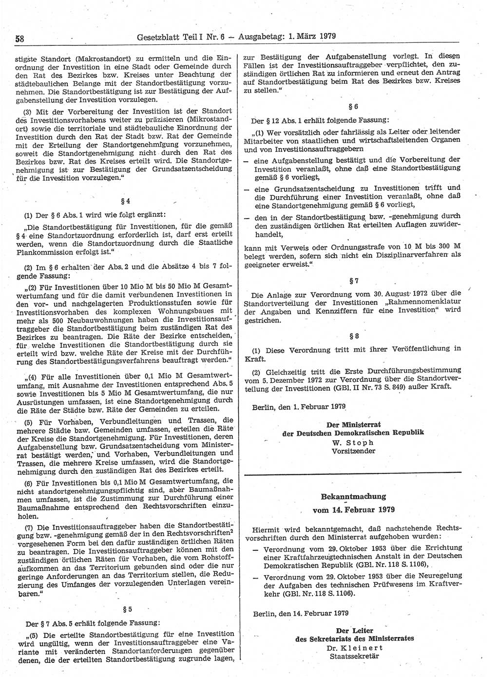 Gesetzblatt (GBl.) der Deutschen Demokratischen Republik (DDR) Teil Ⅰ 1979, Seite 58 (GBl. DDR Ⅰ 1979, S. 58)