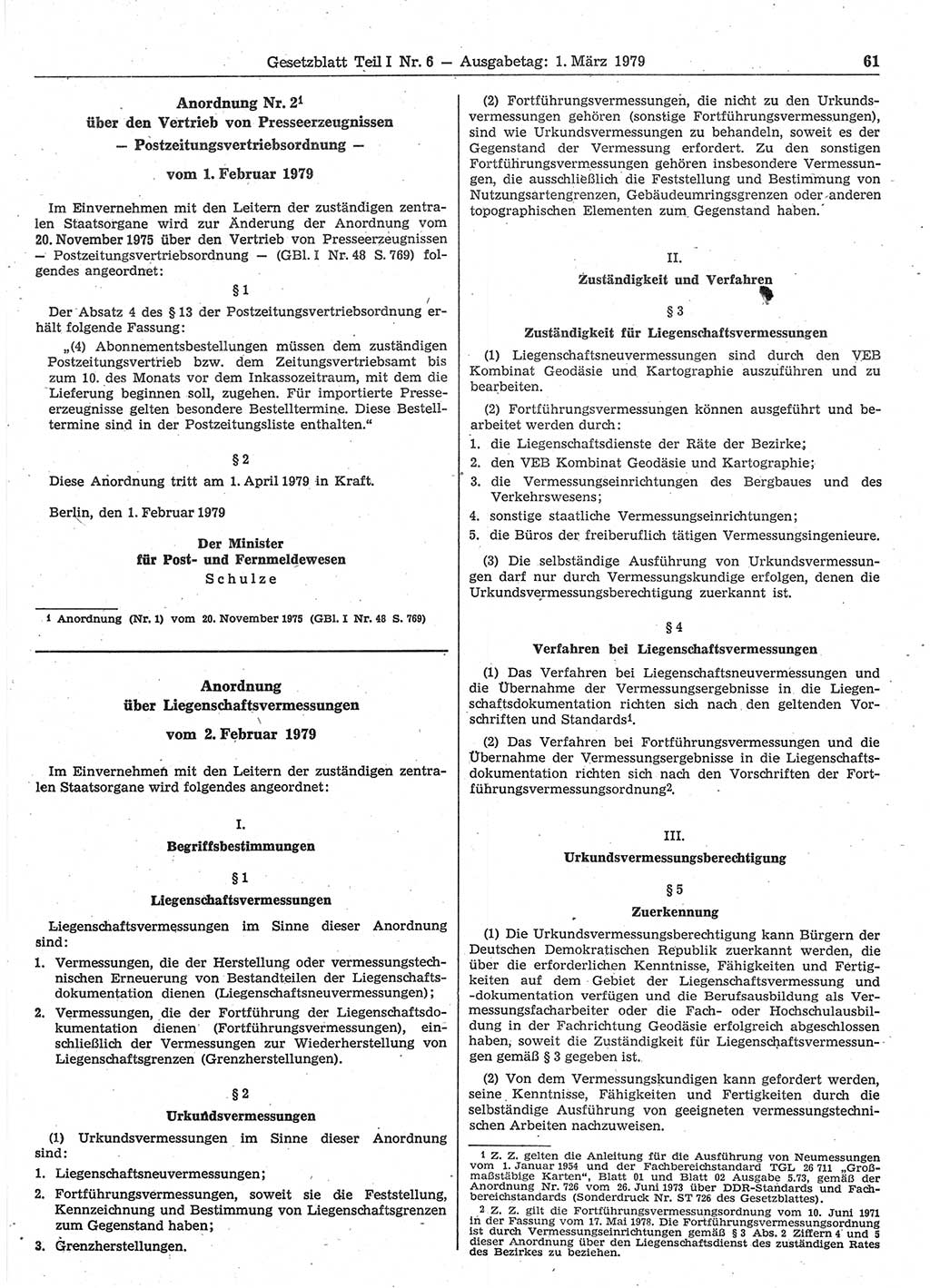 Gesetzblatt (GBl.) der Deutschen Demokratischen Republik (DDR) Teil Ⅰ 1979, Seite 61 (GBl. DDR Ⅰ 1979, S. 61)