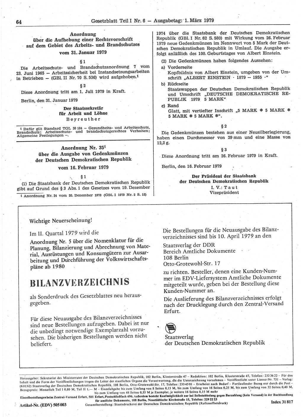Gesetzblatt (GBl.) der Deutschen Demokratischen Republik (DDR) Teil Ⅰ 1979, Seite 64 (GBl. DDR Ⅰ 1979, S. 64)