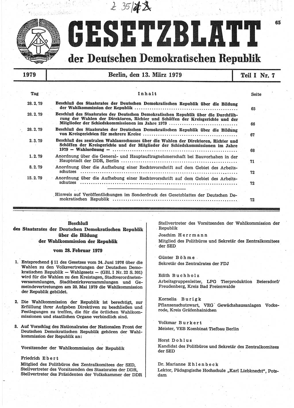 Gesetzblatt (GBl.) der Deutschen Demokratischen Republik (DDR) Teil Ⅰ 1979, Seite 65 (GBl. DDR Ⅰ 1979, S. 65)