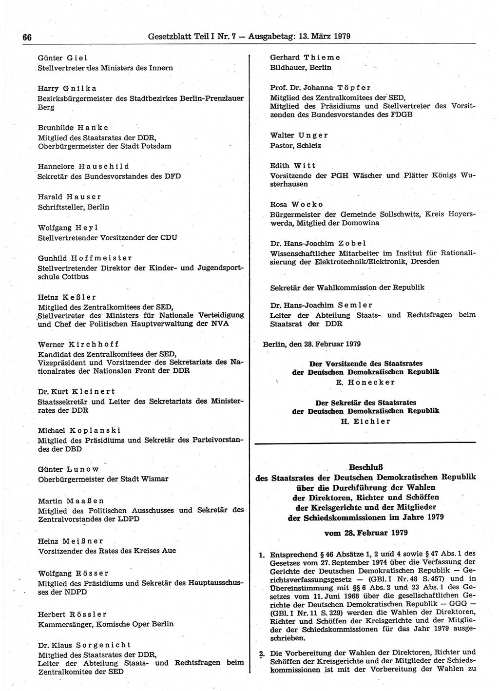 Gesetzblatt (GBl.) der Deutschen Demokratischen Republik (DDR) Teil Ⅰ 1979, Seite 66 (GBl. DDR Ⅰ 1979, S. 66)