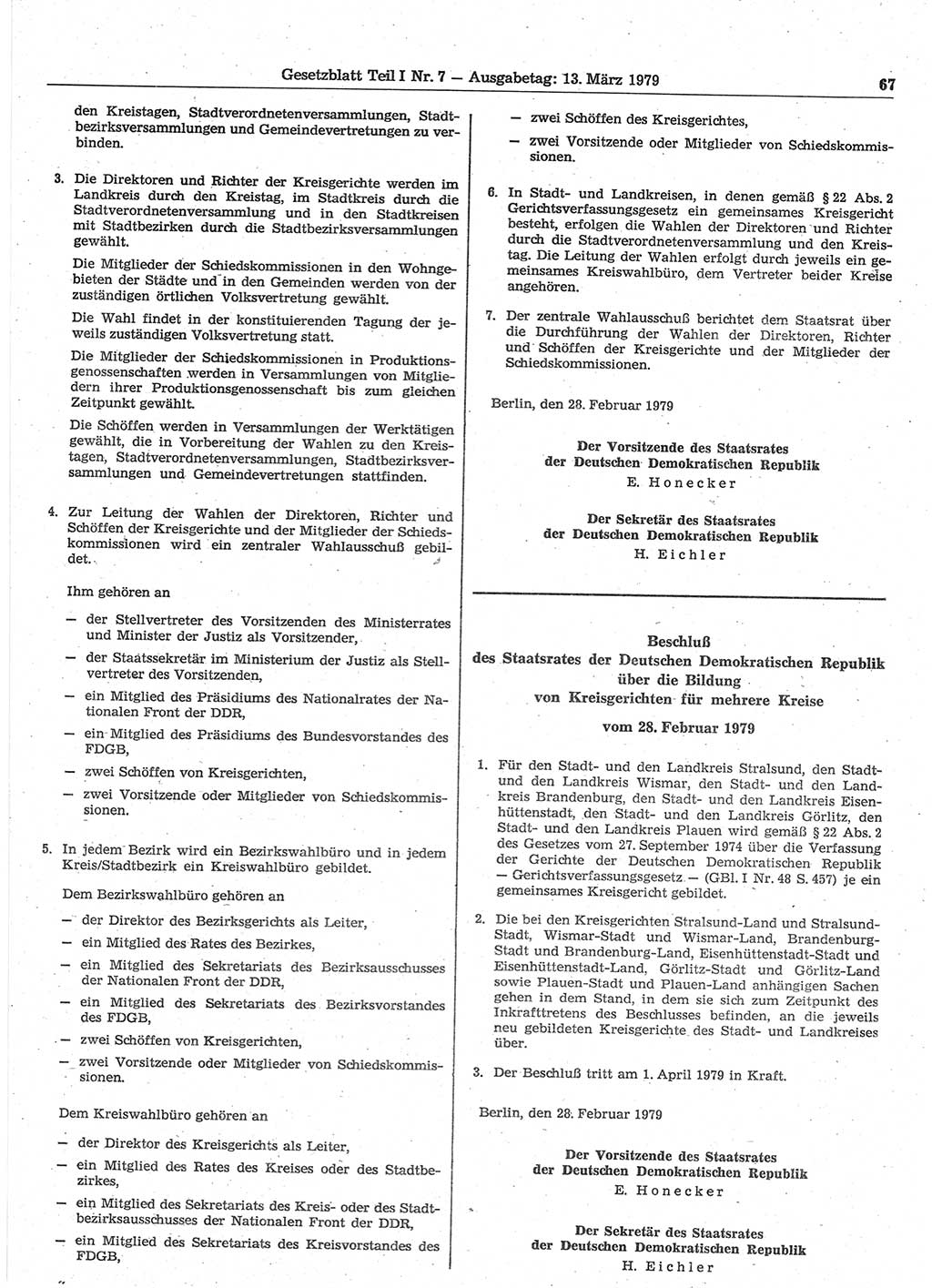 Gesetzblatt (GBl.) der Deutschen Demokratischen Republik (DDR) Teil Ⅰ 1979, Seite 67 (GBl. DDR Ⅰ 1979, S. 67)