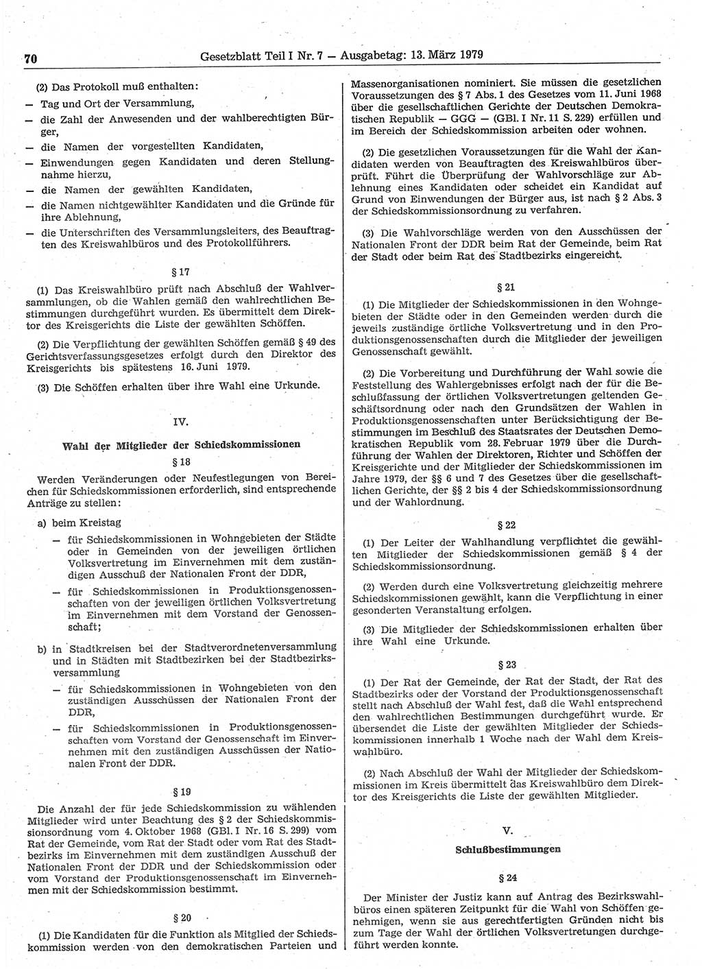 Gesetzblatt (GBl.) der Deutschen Demokratischen Republik (DDR) Teil Ⅰ 1979, Seite 70 (GBl. DDR Ⅰ 1979, S. 70)