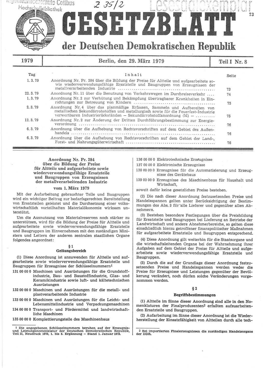 Gesetzblatt (GBl.) der Deutschen Demokratischen Republik (DDR) Teil Ⅰ 1979, Seite 73 (GBl. DDR Ⅰ 1979, S. 73)