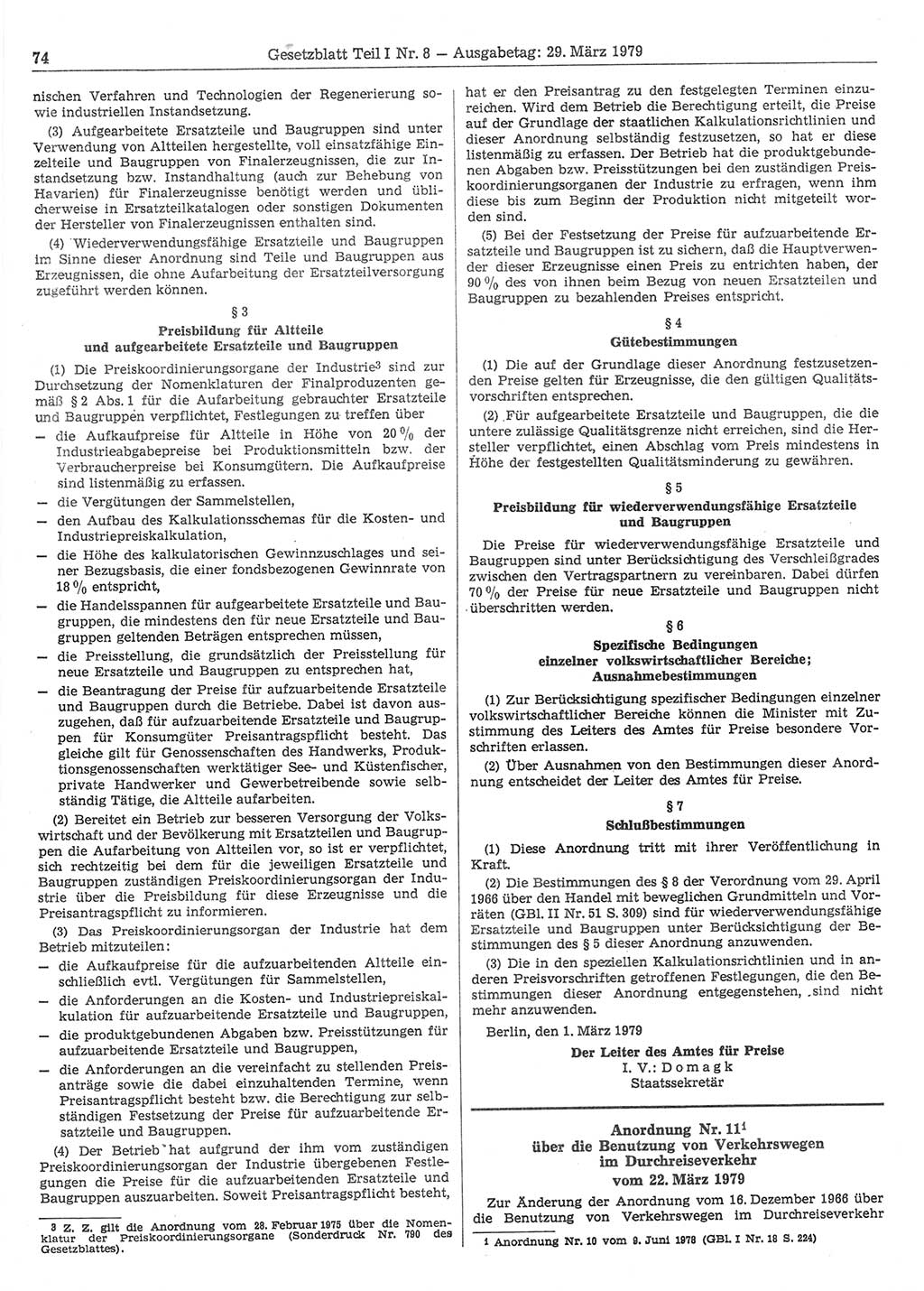 Gesetzblatt (GBl.) der Deutschen Demokratischen Republik (DDR) Teil Ⅰ 1979, Seite 74 (GBl. DDR Ⅰ 1979, S. 74)