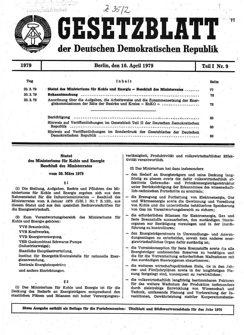 Gesetzblatt (GBl.) der Deutschen Demokratischen Republik (DDR) Teil Ⅰ 1979, Seite 77 (GBl. DDR Ⅰ 1979, S. 77)