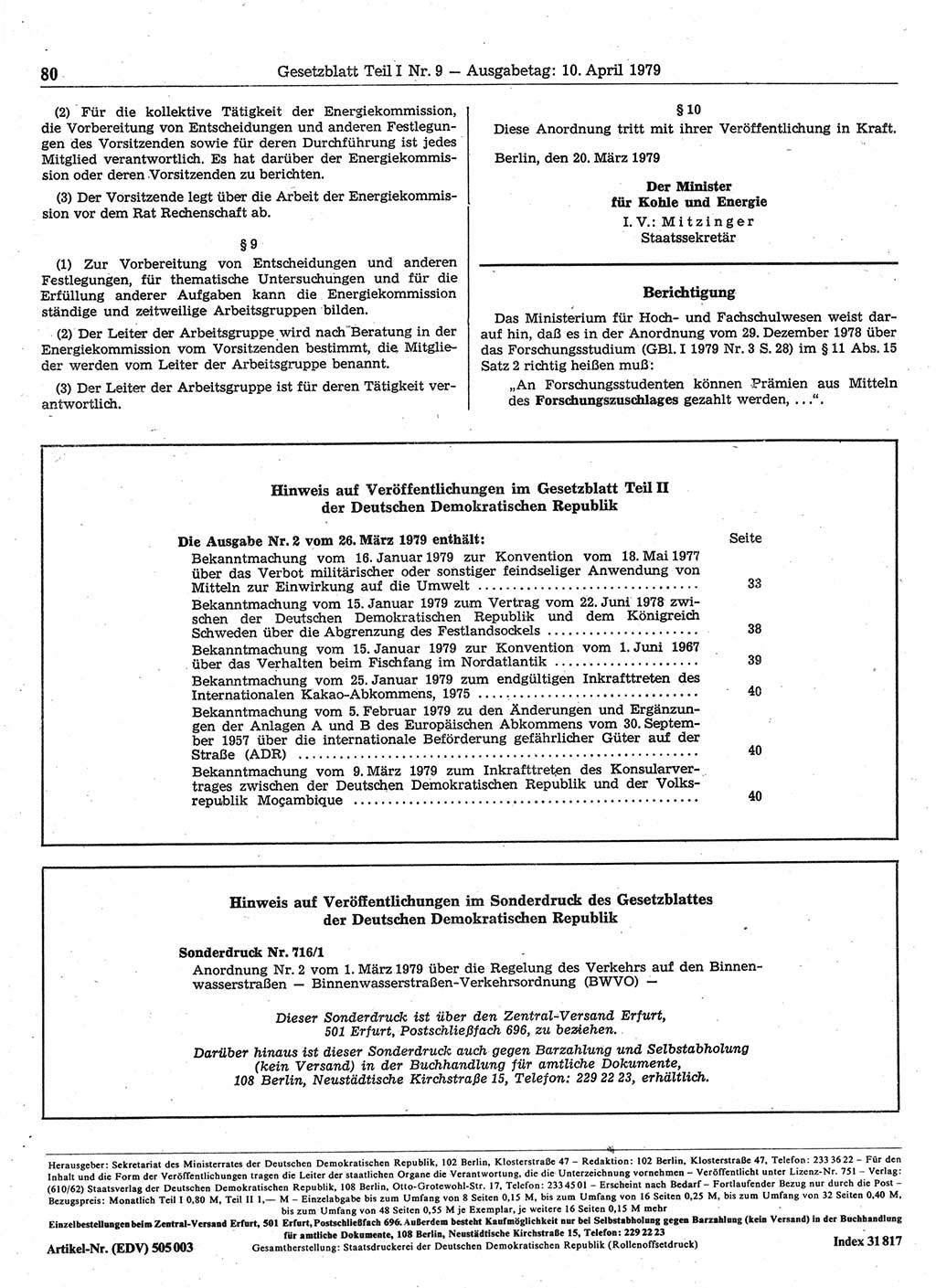 Gesetzblatt (GBl.) der Deutschen Demokratischen Republik (DDR) Teil Ⅰ 1979, Seite 80 (GBl. DDR Ⅰ 1979, S. 80)