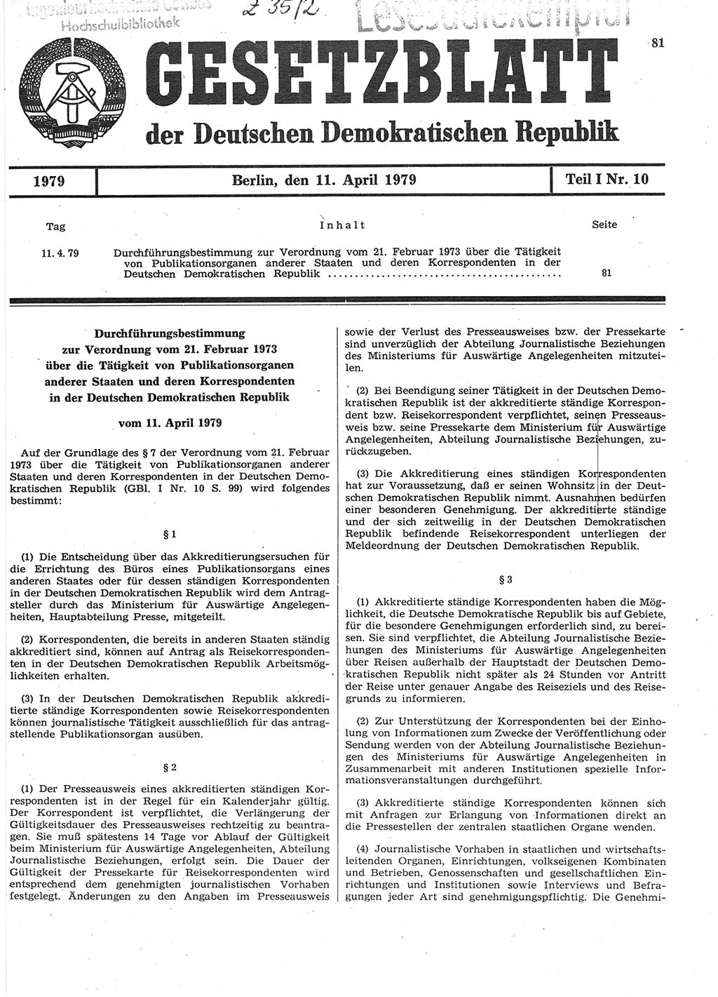 Gesetzblatt (GBl.) der Deutschen Demokratischen Republik (DDR) Teil Ⅰ 1979, Seite 81 (GBl. DDR Ⅰ 1979, S. 81)