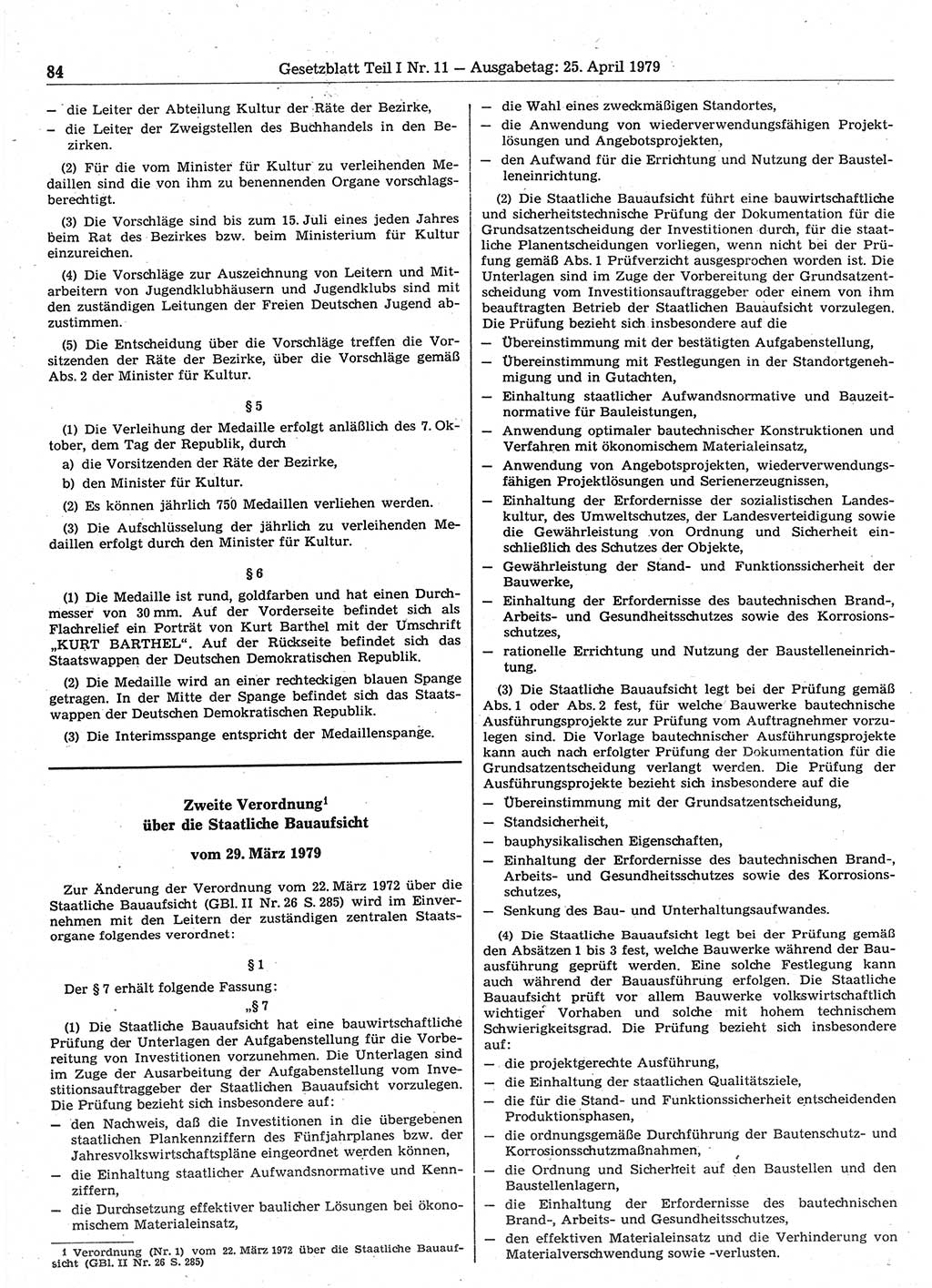 Gesetzblatt (GBl.) der Deutschen Demokratischen Republik (DDR) Teil Ⅰ 1979, Seite 84 (GBl. DDR Ⅰ 1979, S. 84)