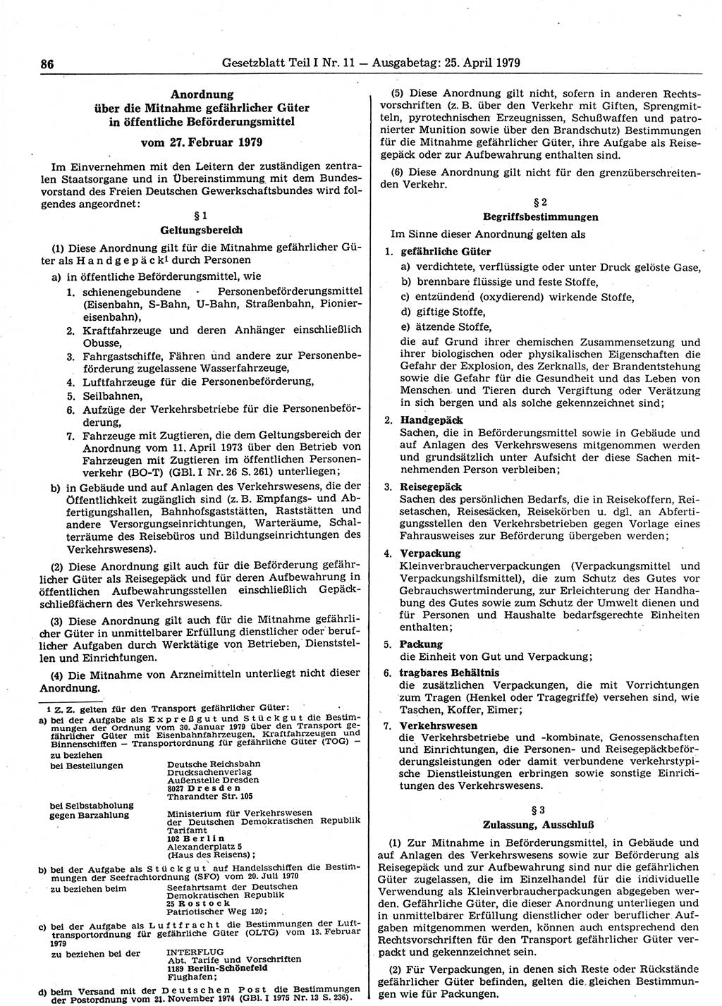 Gesetzblatt (GBl.) der Deutschen Demokratischen Republik (DDR) Teil Ⅰ 1979, Seite 86 (GBl. DDR Ⅰ 1979, S. 86)