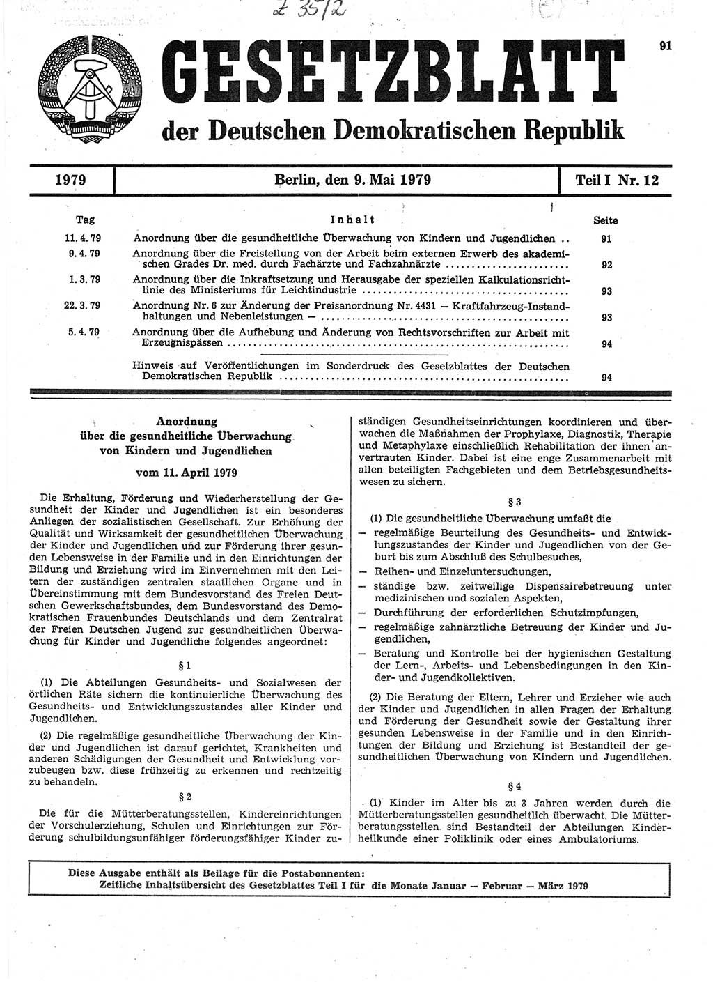 Gesetzblatt (GBl.) der Deutschen Demokratischen Republik (DDR) Teil Ⅰ 1979, Seite 91 (GBl. DDR Ⅰ 1979, S. 91)