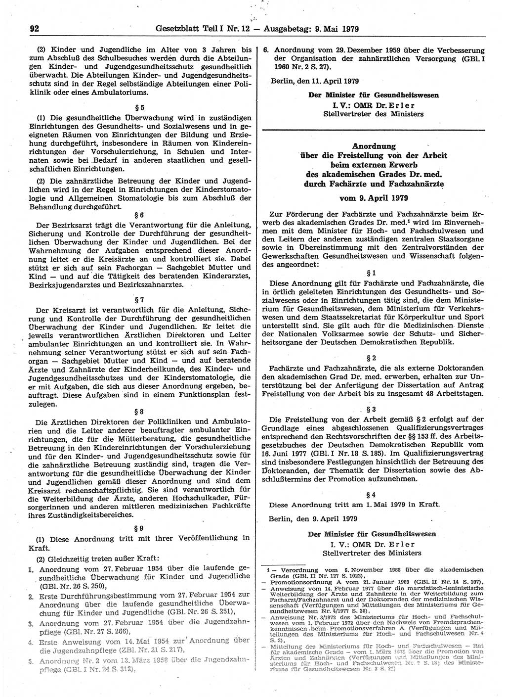 Gesetzblatt (GBl.) der Deutschen Demokratischen Republik (DDR) Teil Ⅰ 1979, Seite 92 (GBl. DDR Ⅰ 1979, S. 92)