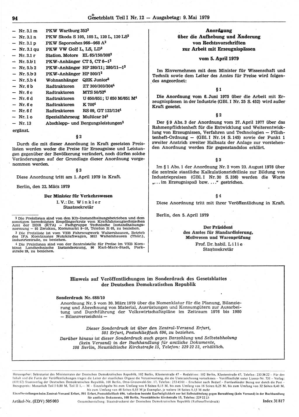 Gesetzblatt (GBl.) der Deutschen Demokratischen Republik (DDR) Teil Ⅰ 1979, Seite 94 (GBl. DDR Ⅰ 1979, S. 94)