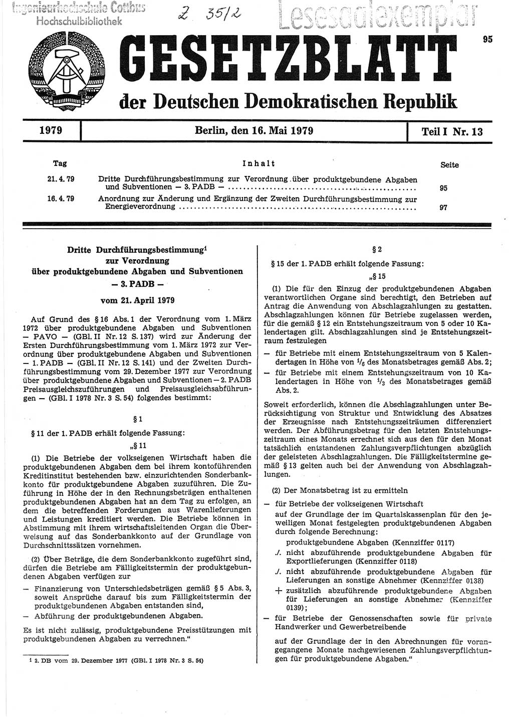 Gesetzblatt (GBl.) der Deutschen Demokratischen Republik (DDR) Teil Ⅰ 1979, Seite 95 (GBl. DDR Ⅰ 1979, S. 95)