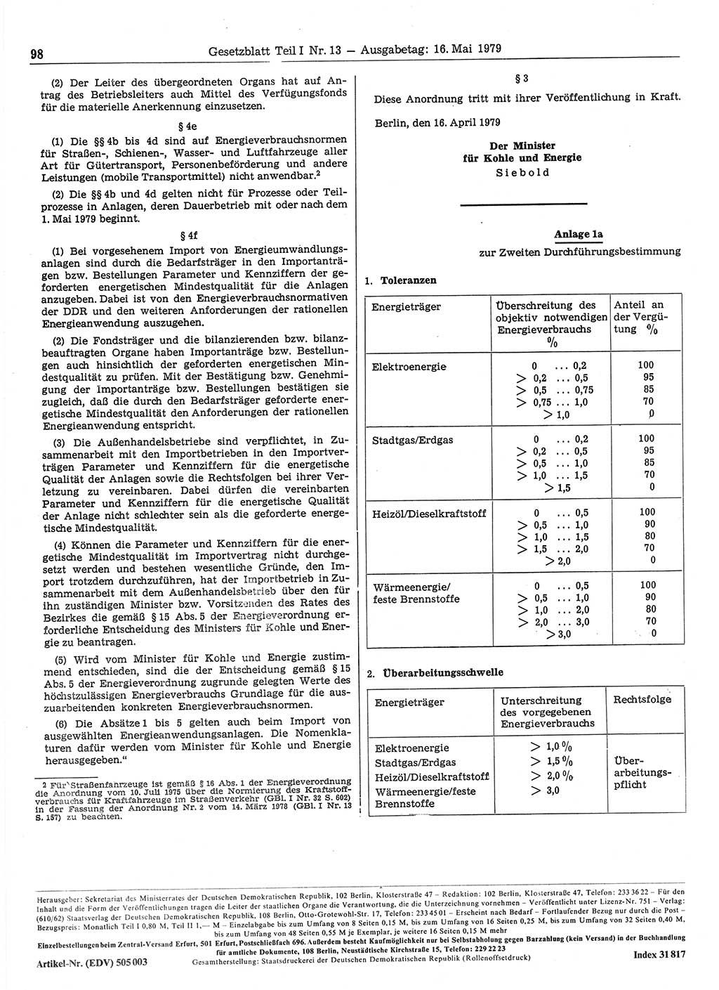 Gesetzblatt (GBl.) der Deutschen Demokratischen Republik (DDR) Teil Ⅰ 1979, Seite 98 (GBl. DDR Ⅰ 1979, S. 98)
