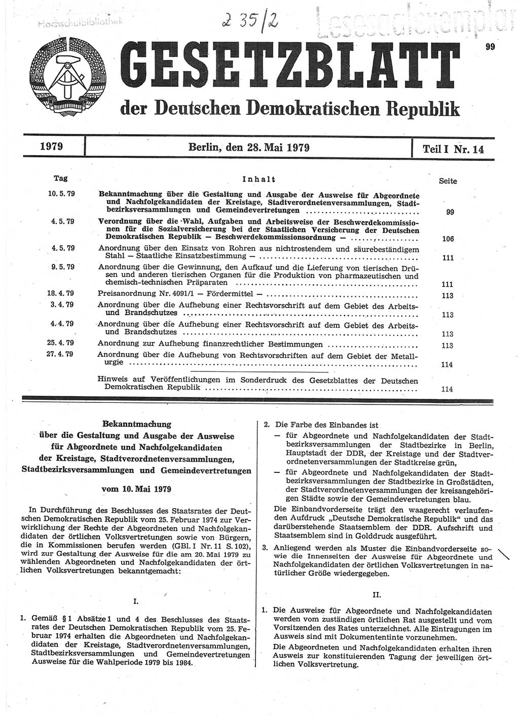 Gesetzblatt (GBl.) der Deutschen Demokratischen Republik (DDR) Teil Ⅰ 1979, Seite 99 (GBl. DDR Ⅰ 1979, S. 99)