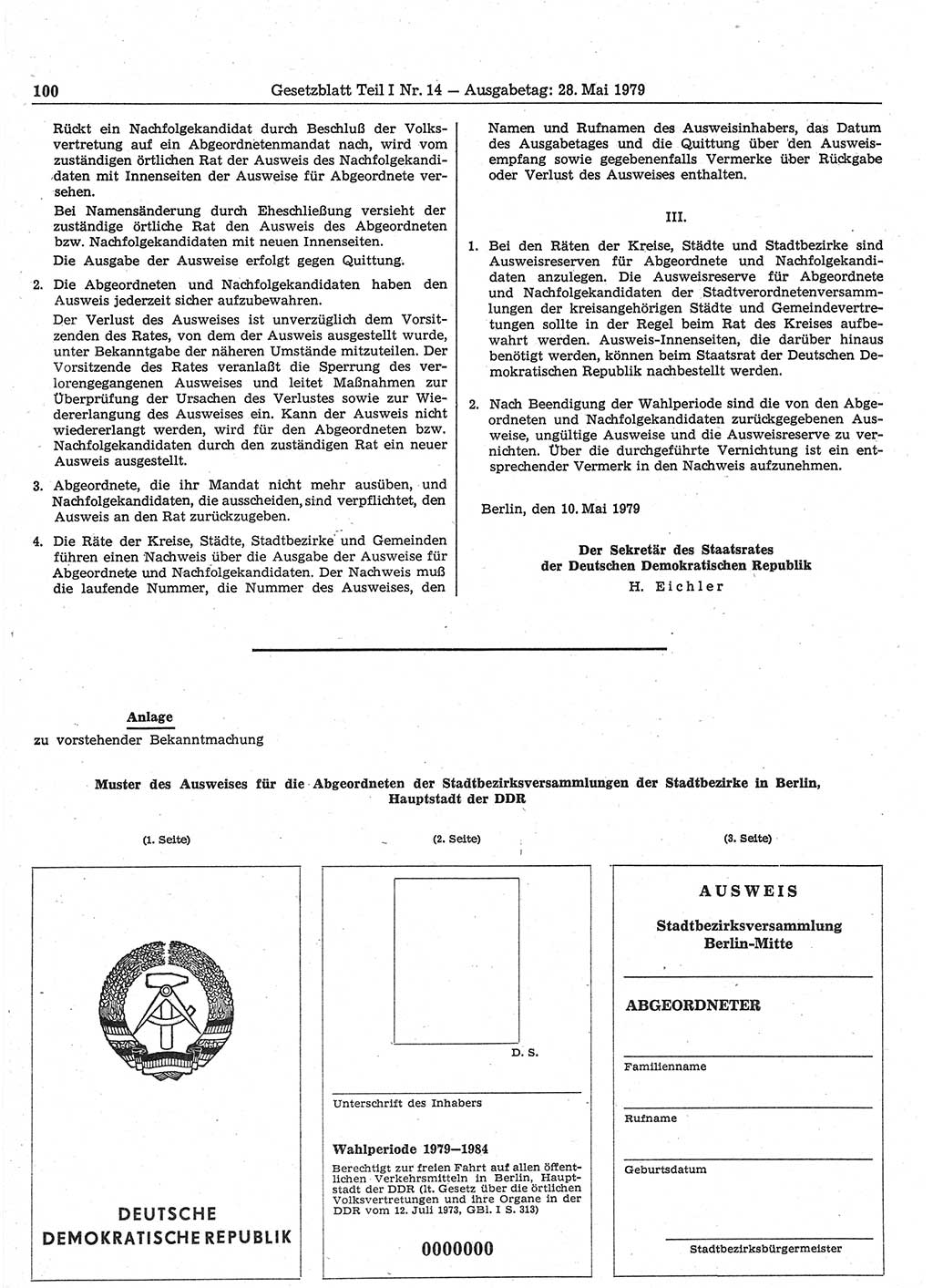 Gesetzblatt (GBl.) der Deutschen Demokratischen Republik (DDR) Teil Ⅰ 1979, Seite 100 (GBl. DDR Ⅰ 1979, S. 100)