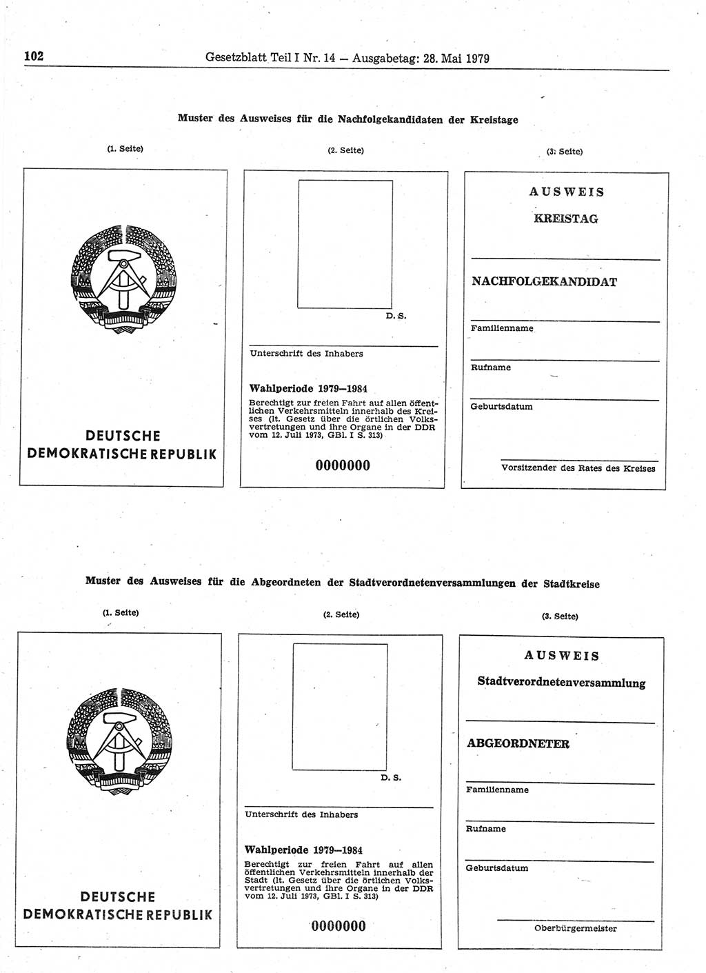 Gesetzblatt (GBl.) der Deutschen Demokratischen Republik (DDR) Teil Ⅰ 1979, Seite 102 (GBl. DDR Ⅰ 1979, S. 102)