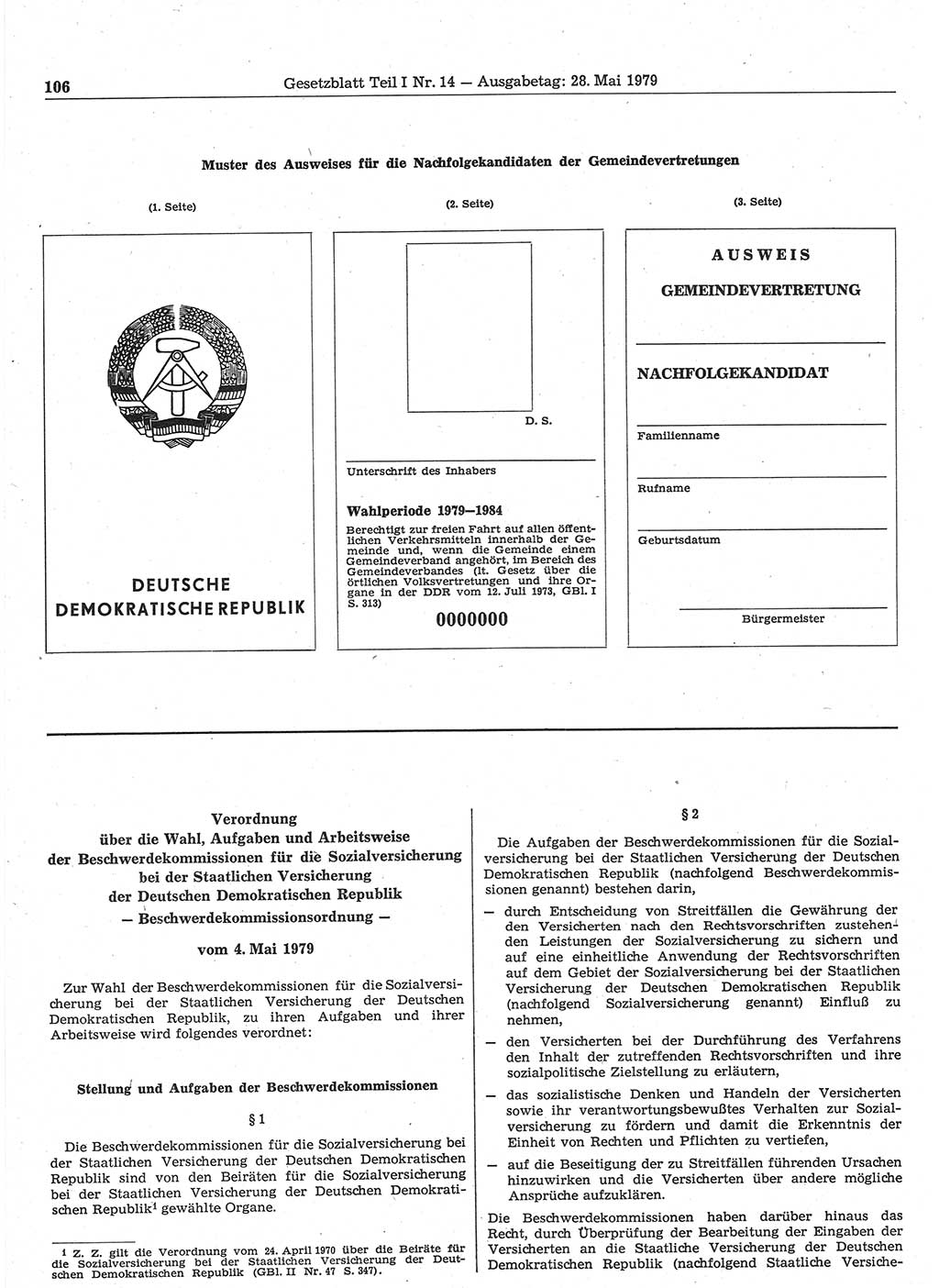 Gesetzblatt (GBl.) der Deutschen Demokratischen Republik (DDR) Teil Ⅰ 1979, Seite 106 (GBl. DDR Ⅰ 1979, S. 106)