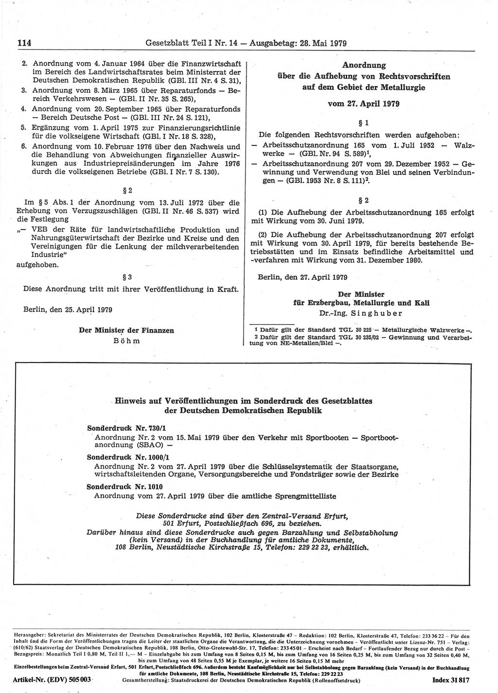 Gesetzblatt (GBl.) der Deutschen Demokratischen Republik (DDR) Teil Ⅰ 1979, Seite 114 (GBl. DDR Ⅰ 1979, S. 114)