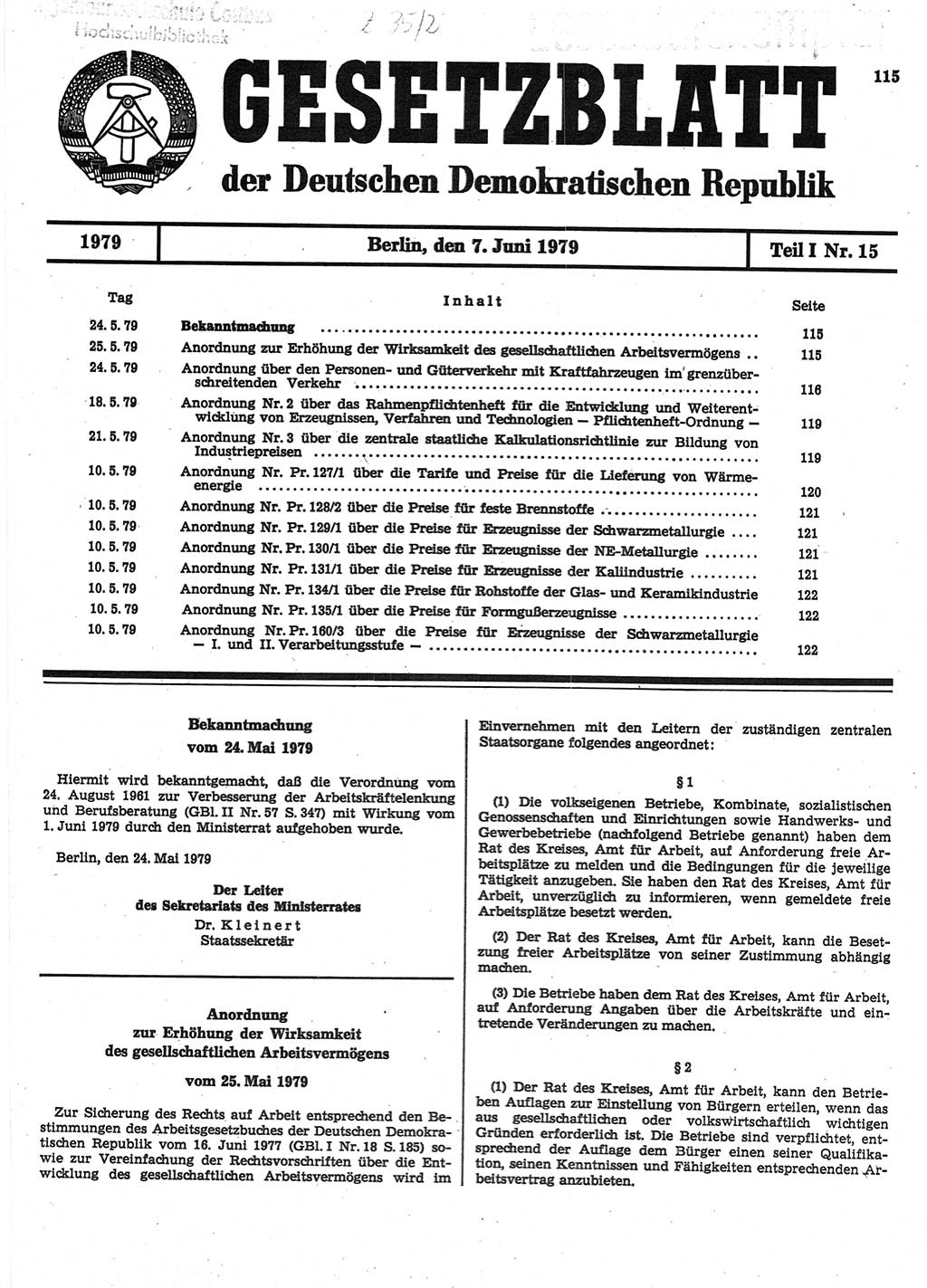 Gesetzblatt (GBl.) der Deutschen Demokratischen Republik (DDR) Teil Ⅰ 1979, Seite 115 (GBl. DDR Ⅰ 1979, S. 115)