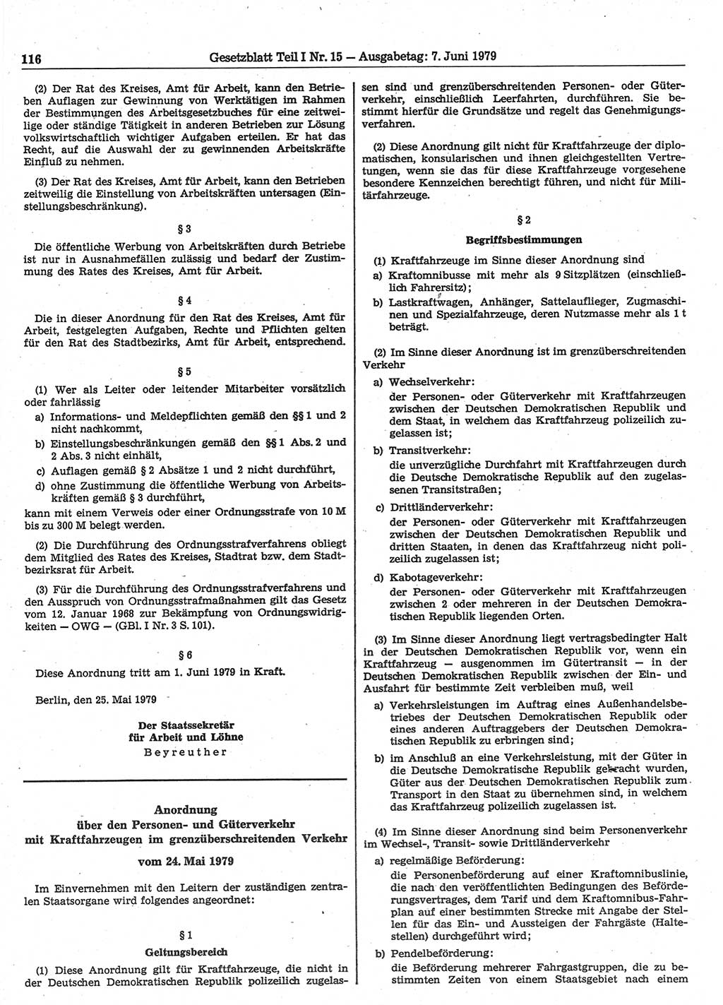 Gesetzblatt (GBl.) der Deutschen Demokratischen Republik (DDR) Teil Ⅰ 1979, Seite 116 (GBl. DDR Ⅰ 1979, S. 116)