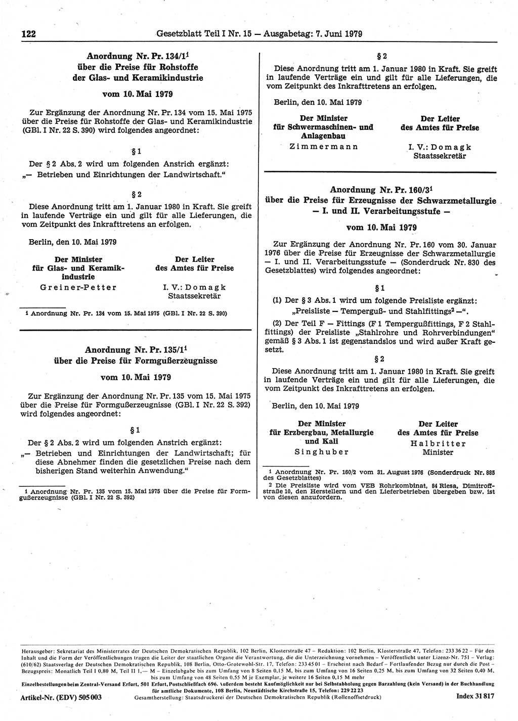 Gesetzblatt (GBl.) der Deutschen Demokratischen Republik (DDR) Teil Ⅰ 1979, Seite 122 (GBl. DDR Ⅰ 1979, S. 122)