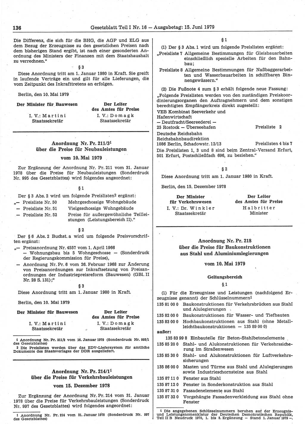 Gesetzblatt (GBl.) der Deutschen Demokratischen Republik (DDR) Teil Ⅰ 1979, Seite 136 (GBl. DDR Ⅰ 1979, S. 136)