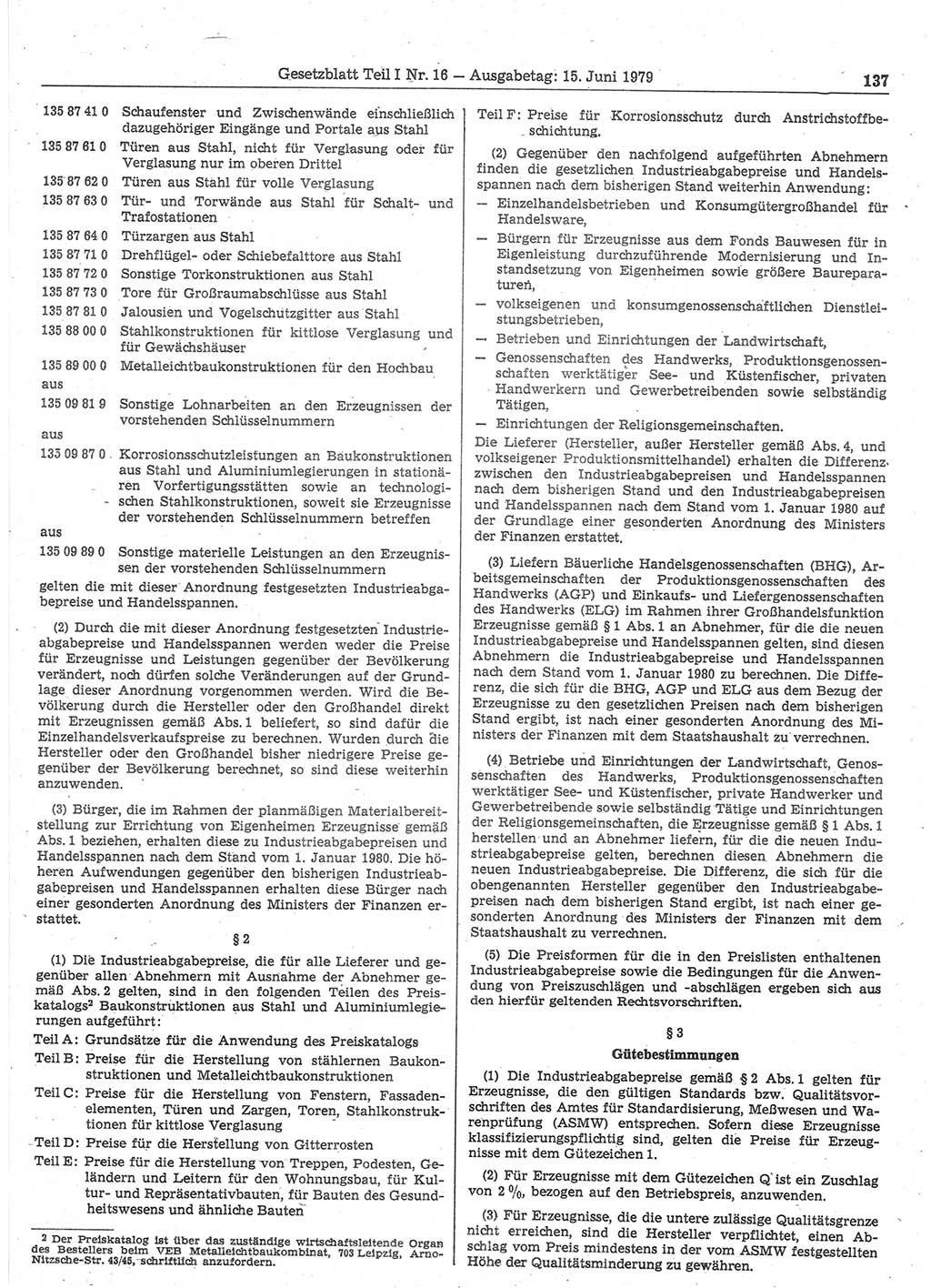 Gesetzblatt (GBl.) der Deutschen Demokratischen Republik (DDR) Teil Ⅰ 1979, Seite 137 (GBl. DDR Ⅰ 1979, S. 137)